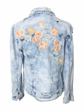 Jessica Simpson Distressed Denim Jacket Floral Boho Y2K Grunge-Sz Small